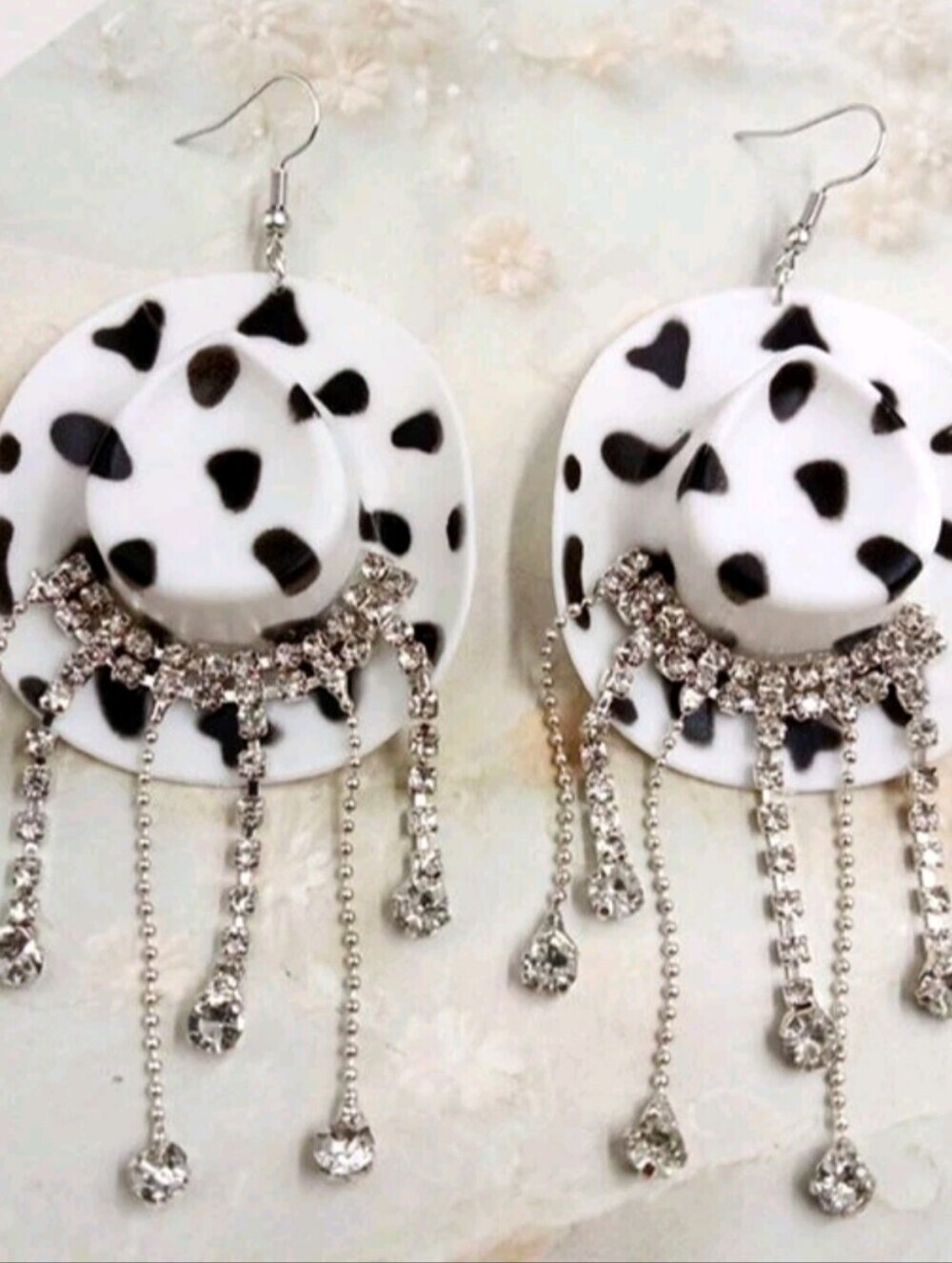 Hand Crafted Bold Black & White Western Hat Drop Earrings with Rhinestone Fringe